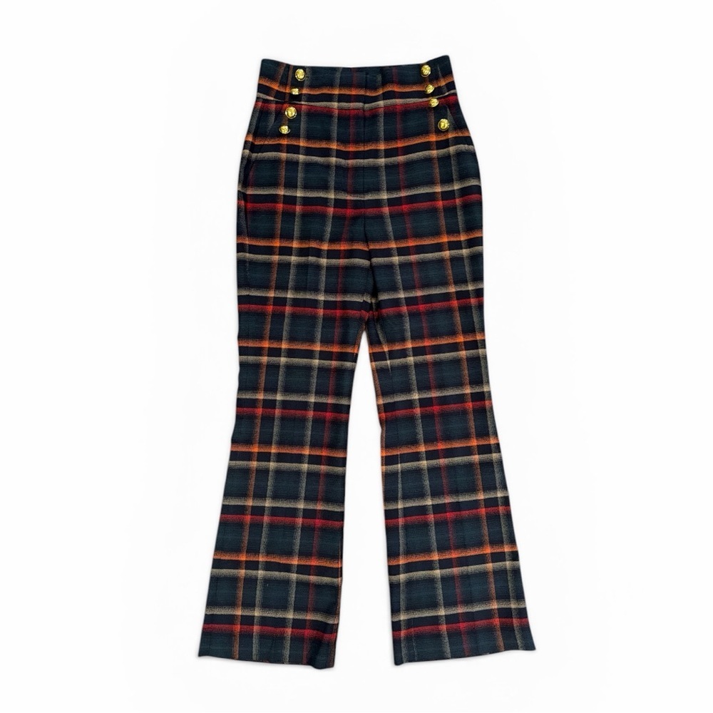 Halogen x Atlantic Pacific Plaid High Waist Flare Pants Button Detail Sz 6 - Picture 3 of 11